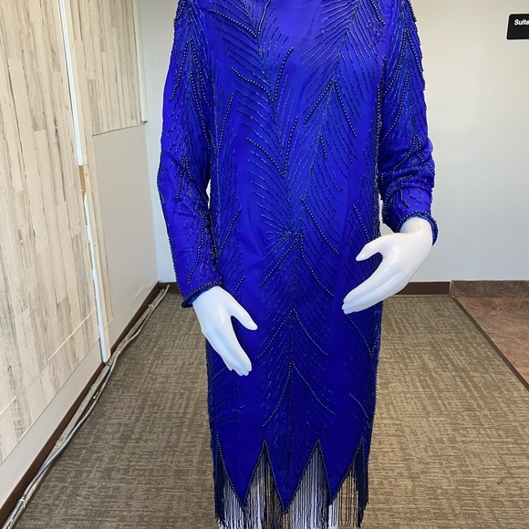 Royal blue vintage beaded fringe dress size large - Picture 1 of 15